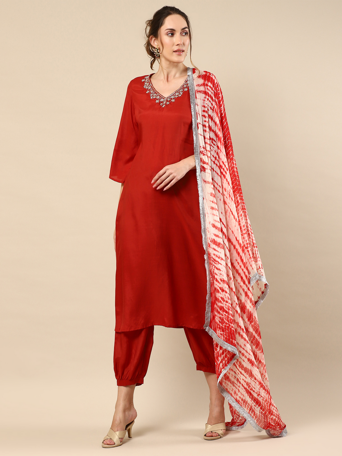 Red Zari Work Cotton Silk Suit Set