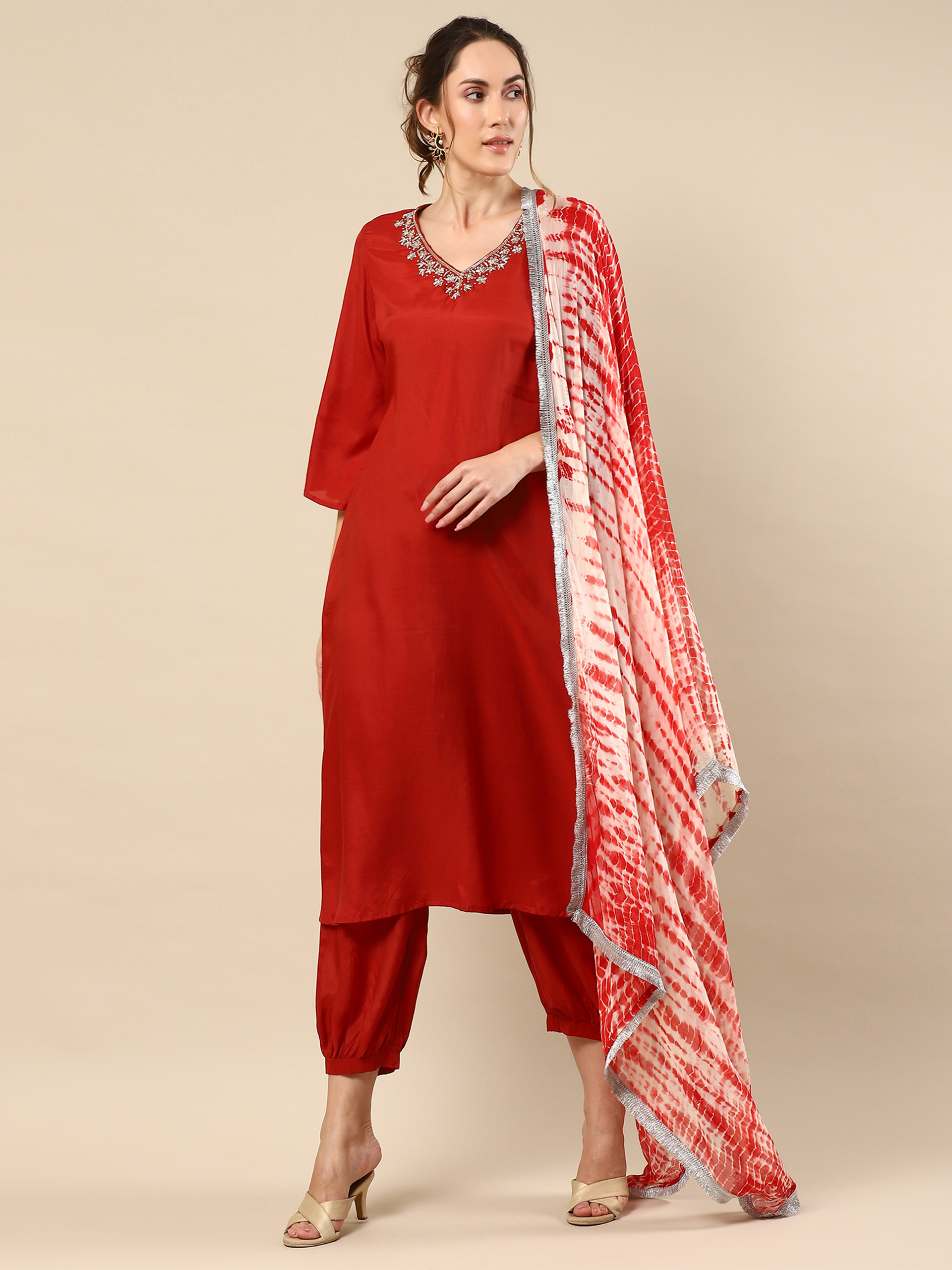 Red Zari Work Cotton Silk Suit Set