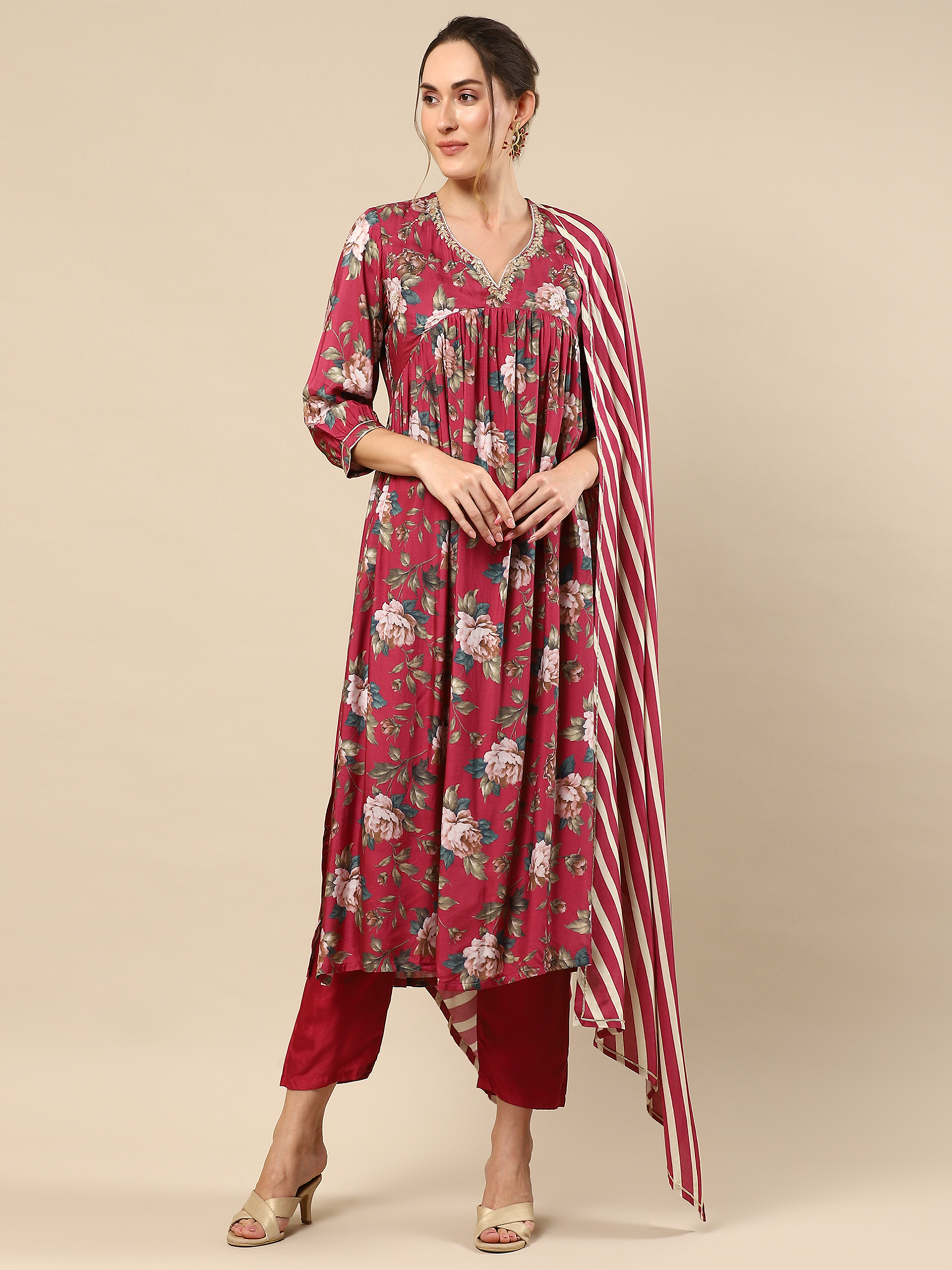Gota Patti Leheriya Dupatta Paired with Printed Kurti Set