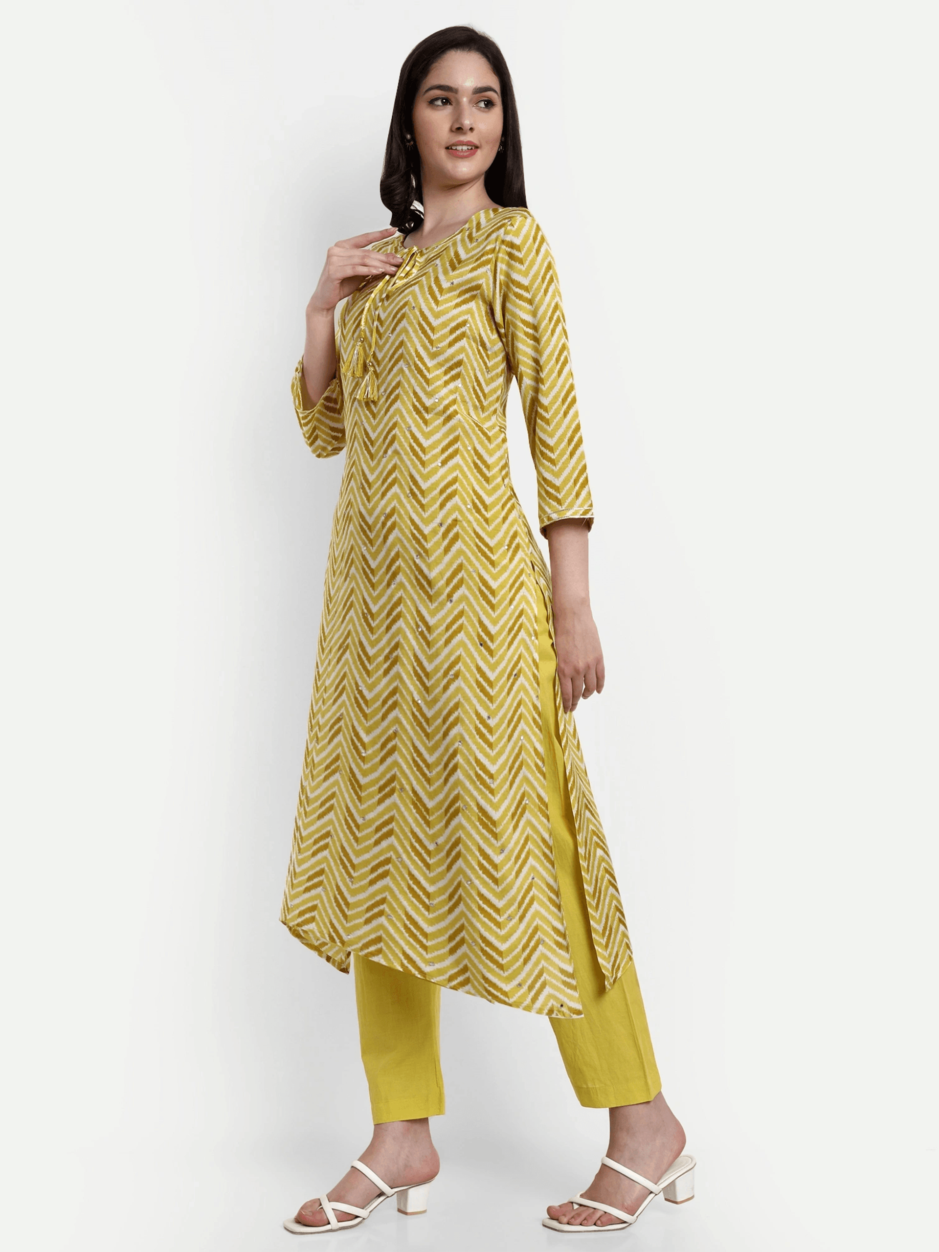 Yellow Cotton Printed Kurti Set