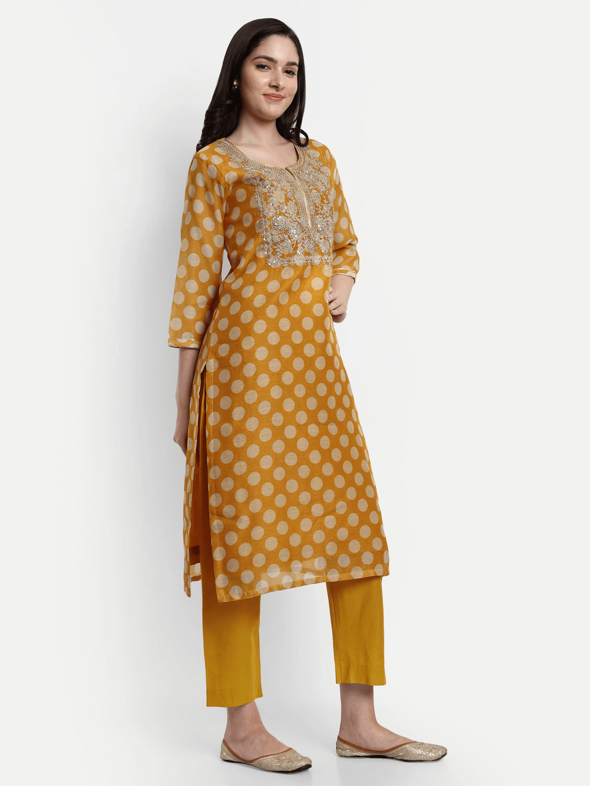 Polka Dots Kurti Set in Yellow with Dupatta