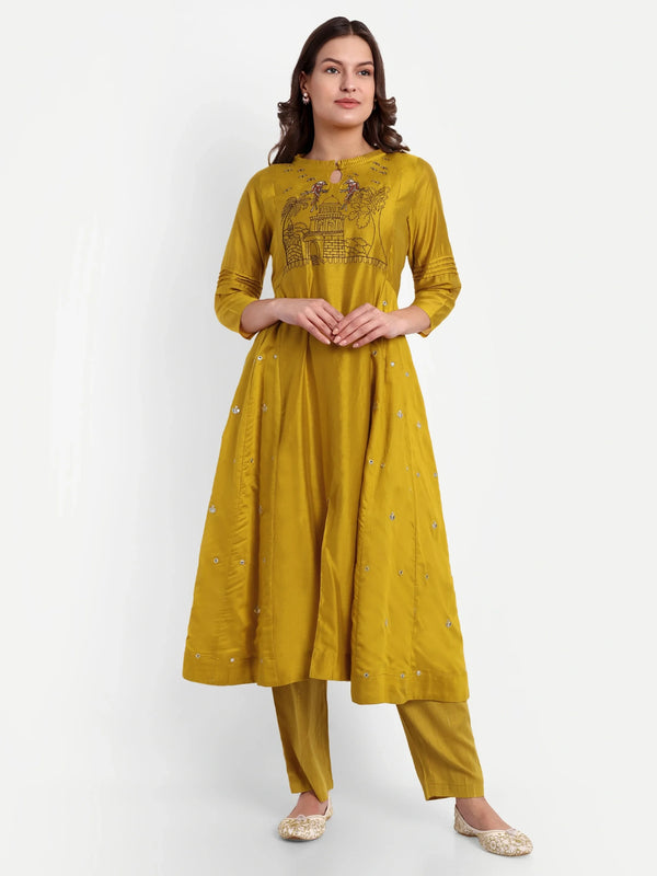 Yellow Chanderi Silk Embroidered Kurti Set
