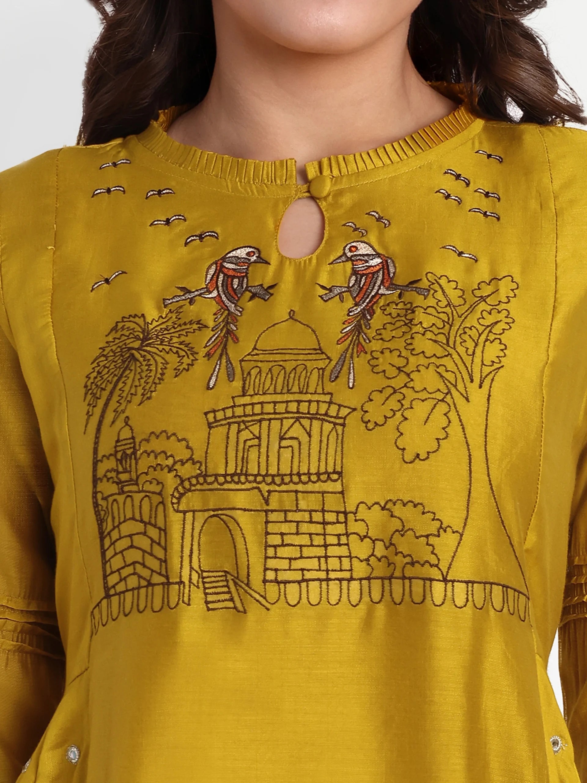 Yellow Chanderi Silk Embroidered Kurti Set