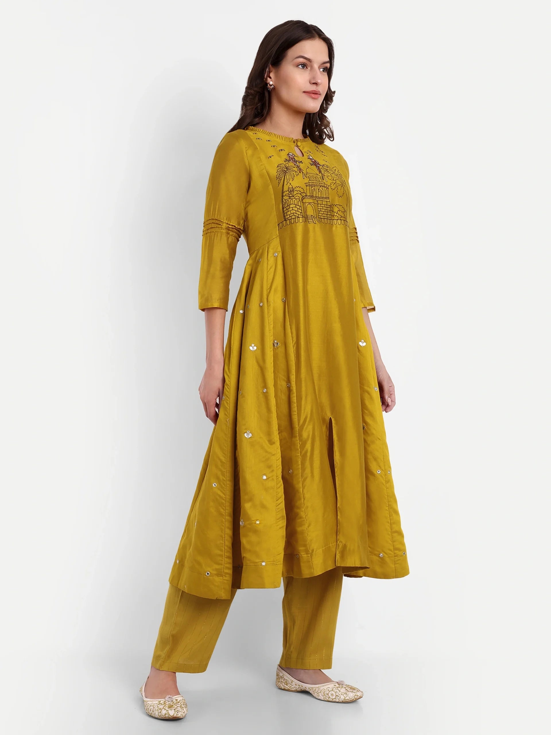 Yellow Chanderi Silk Embroidered Kurti Set