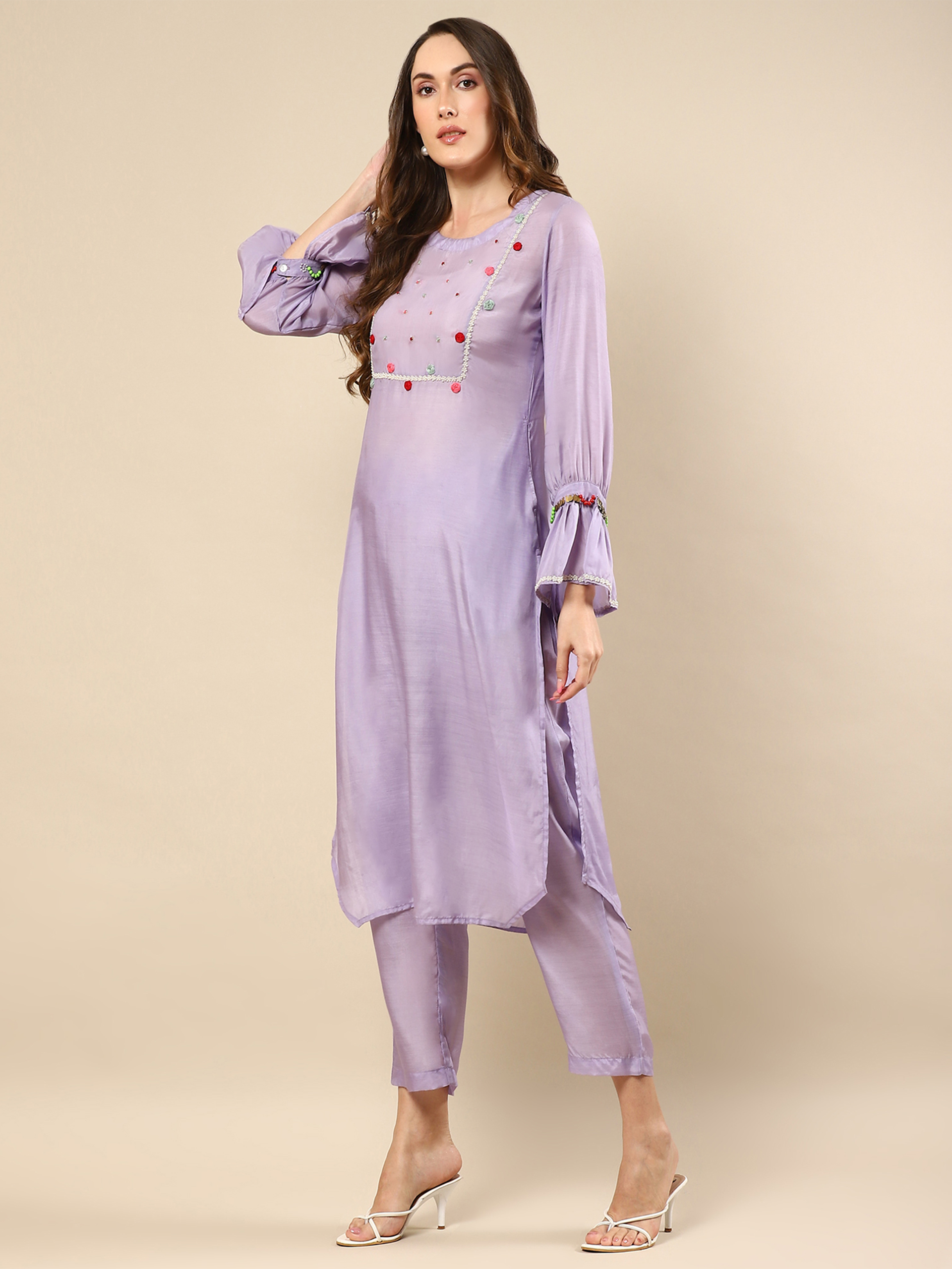 Elegant Purple Kurta with Embroidered Handwork and Matching Pants