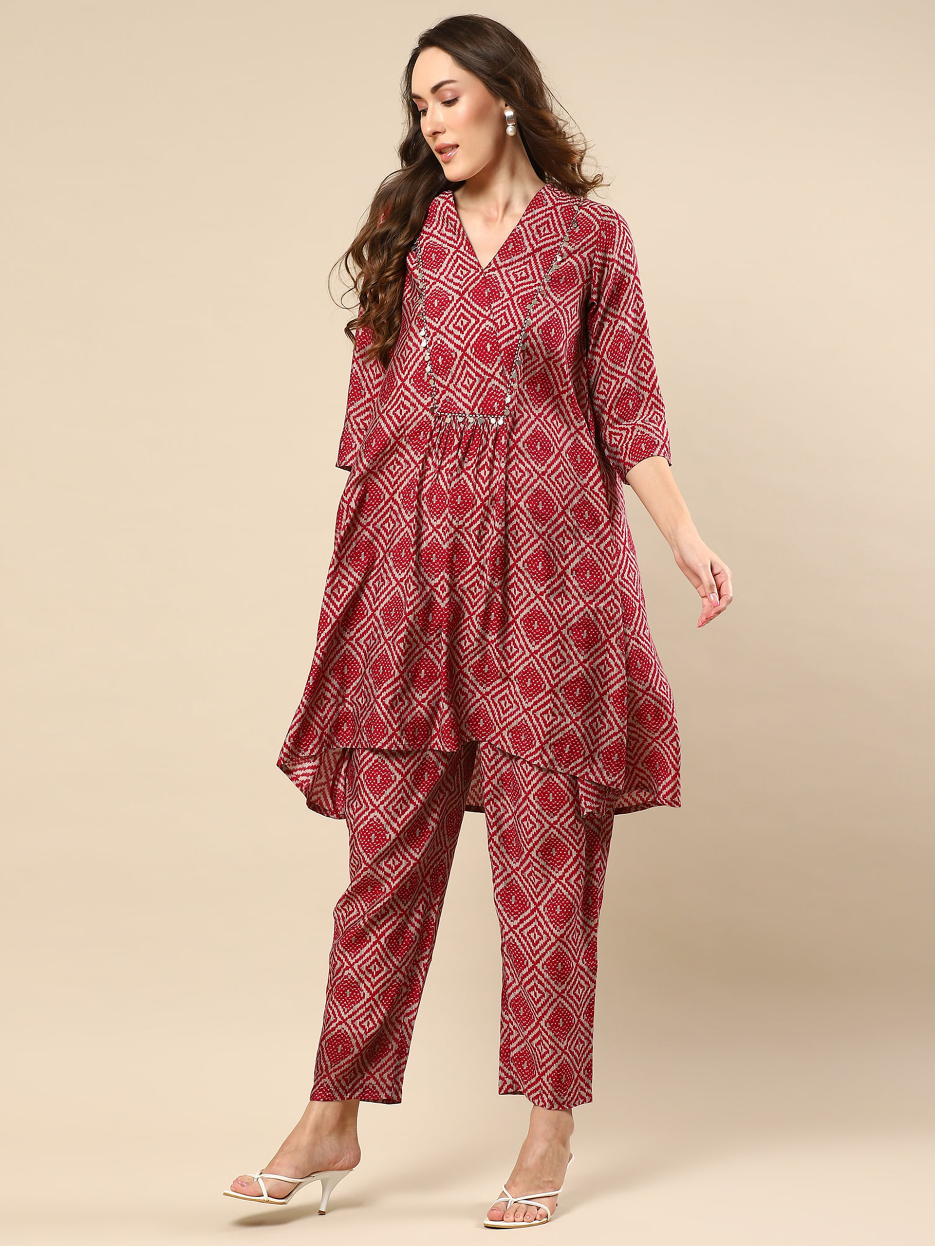 Red Printed Cotton Silk Co-ord Set