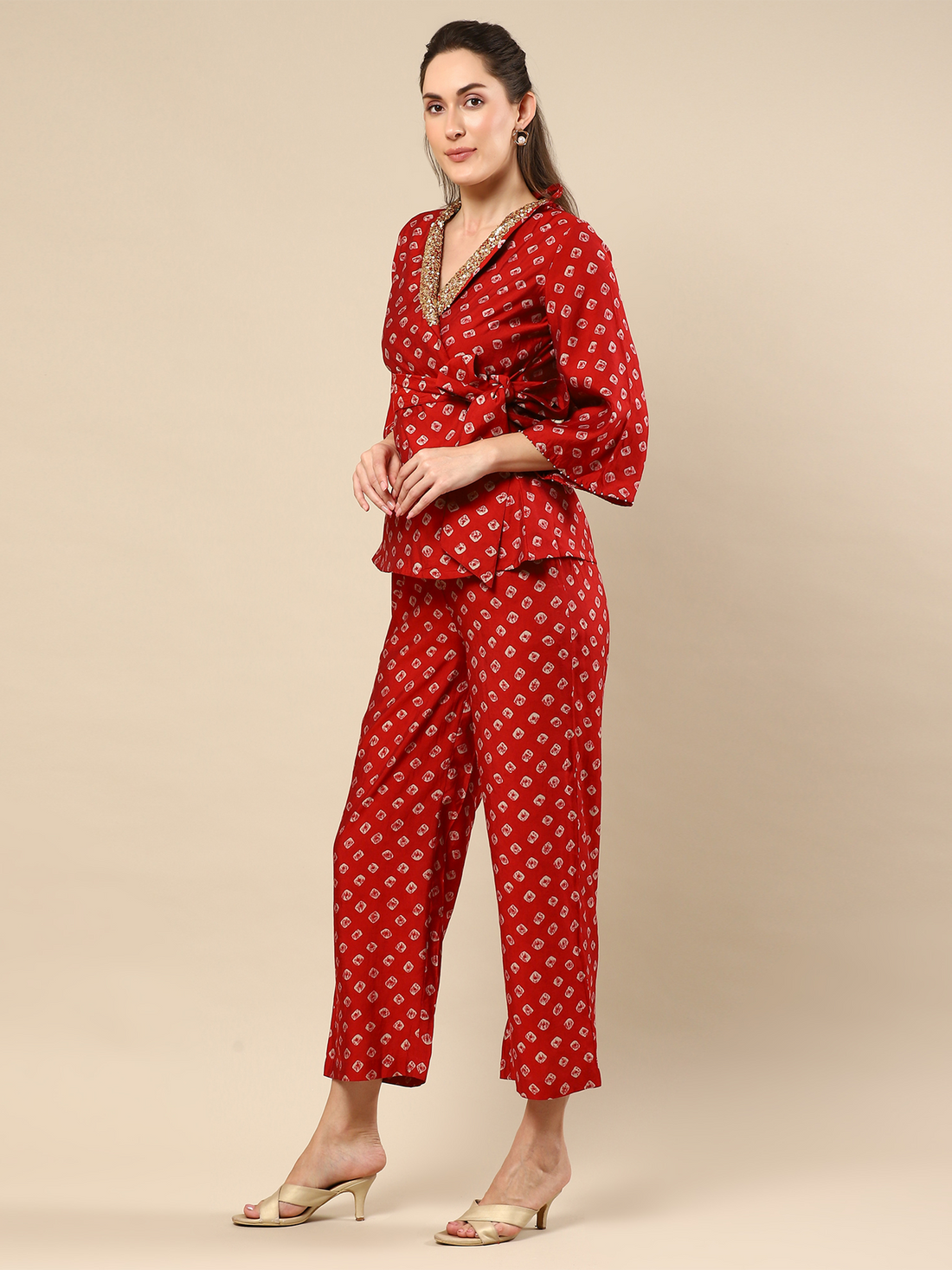 Red Bandhani Fantasy Shawl Collar Co-ord Set