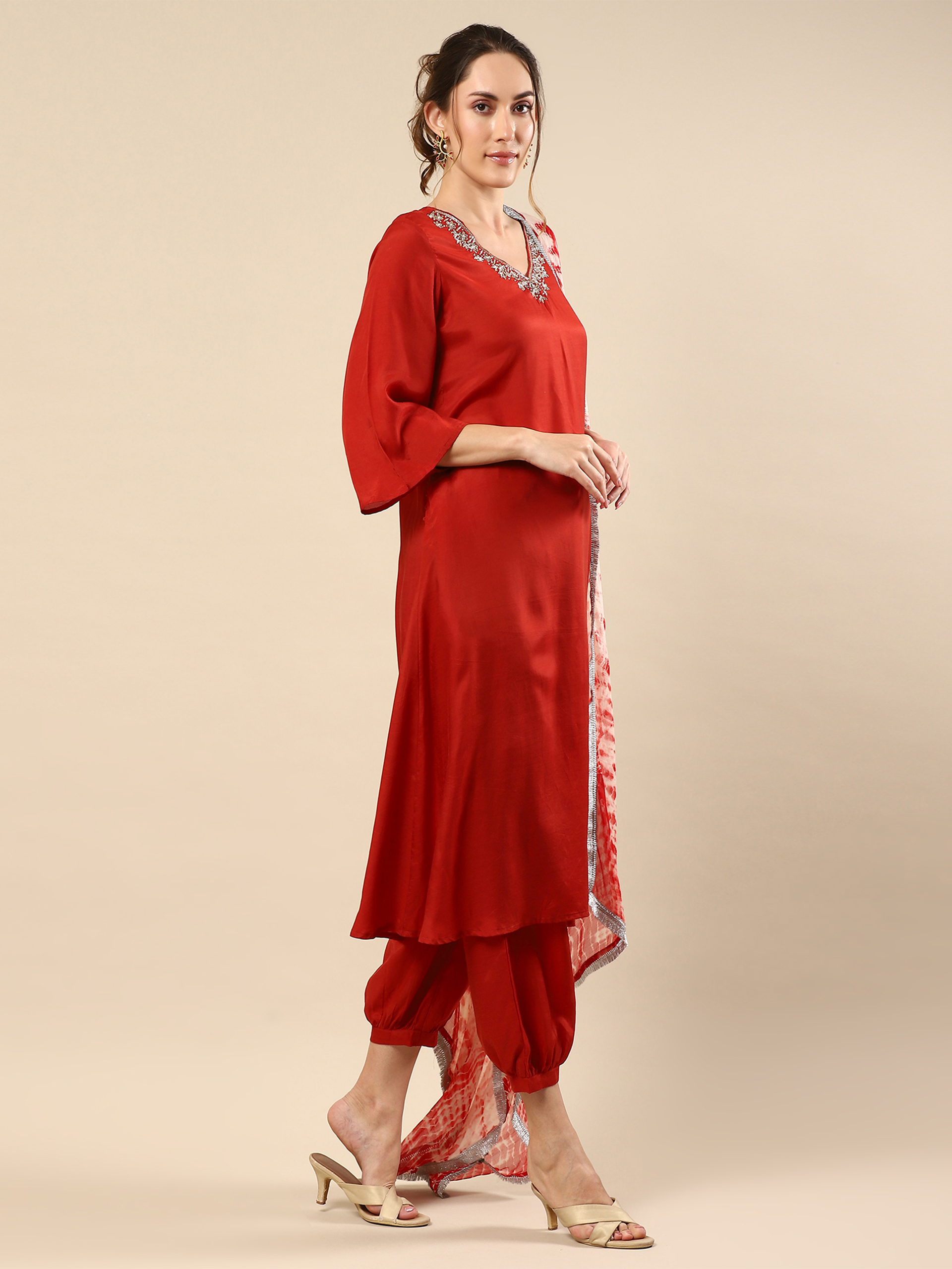 Red Zari Work Cotton Silk Suit Set