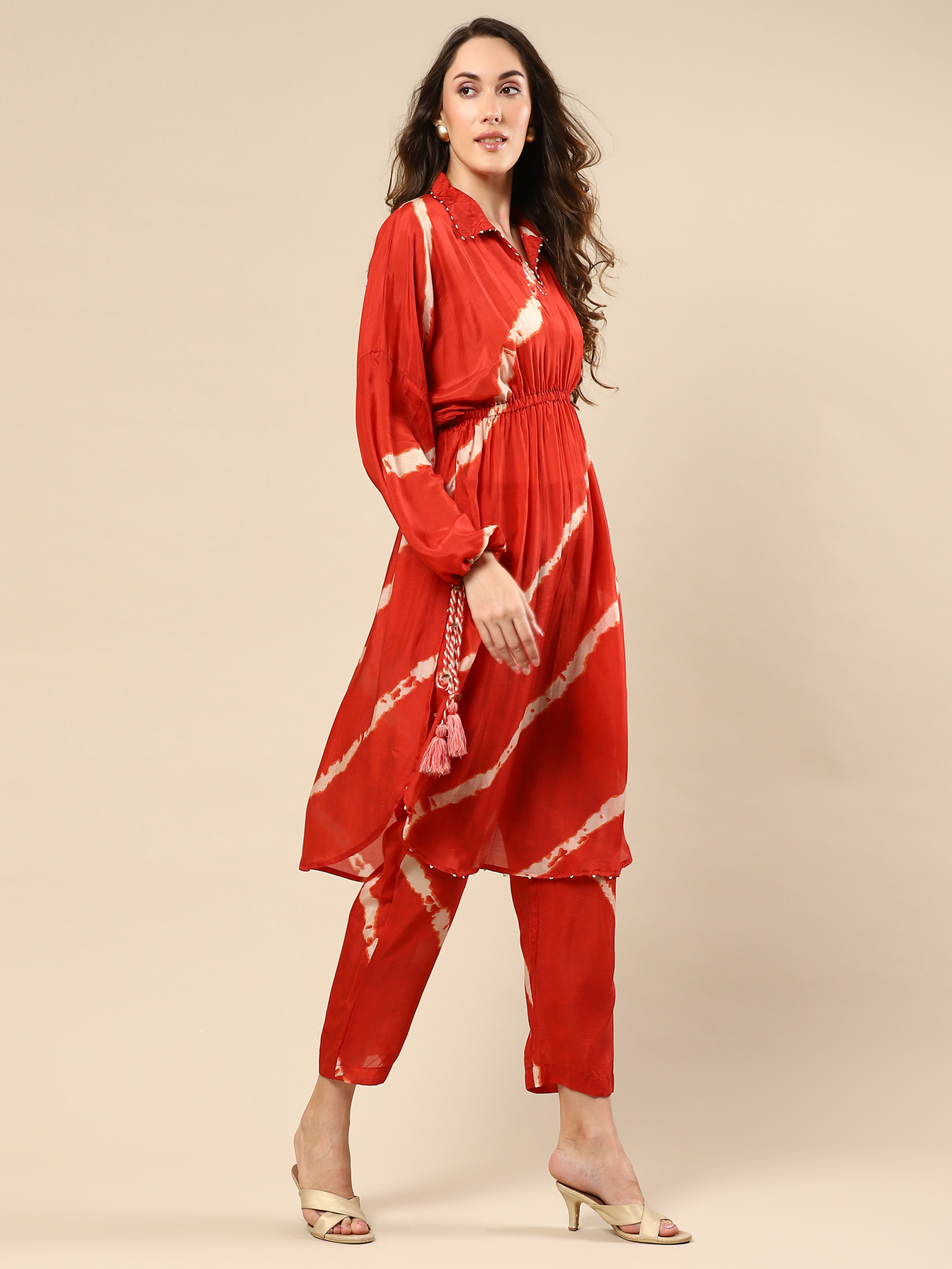 Red Cotton Silk Tunic Set
