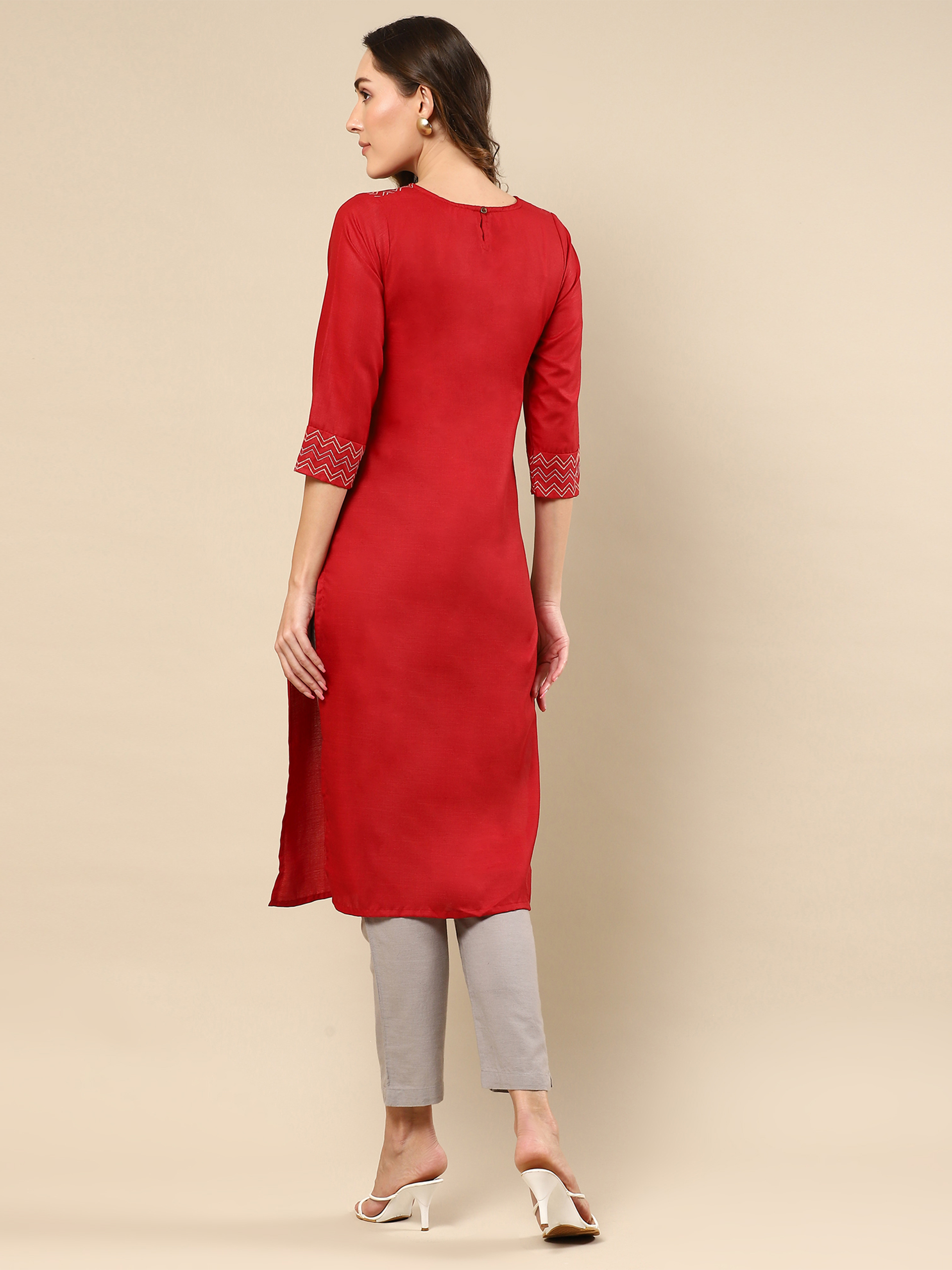 Red Embroidered Cotton Kurta