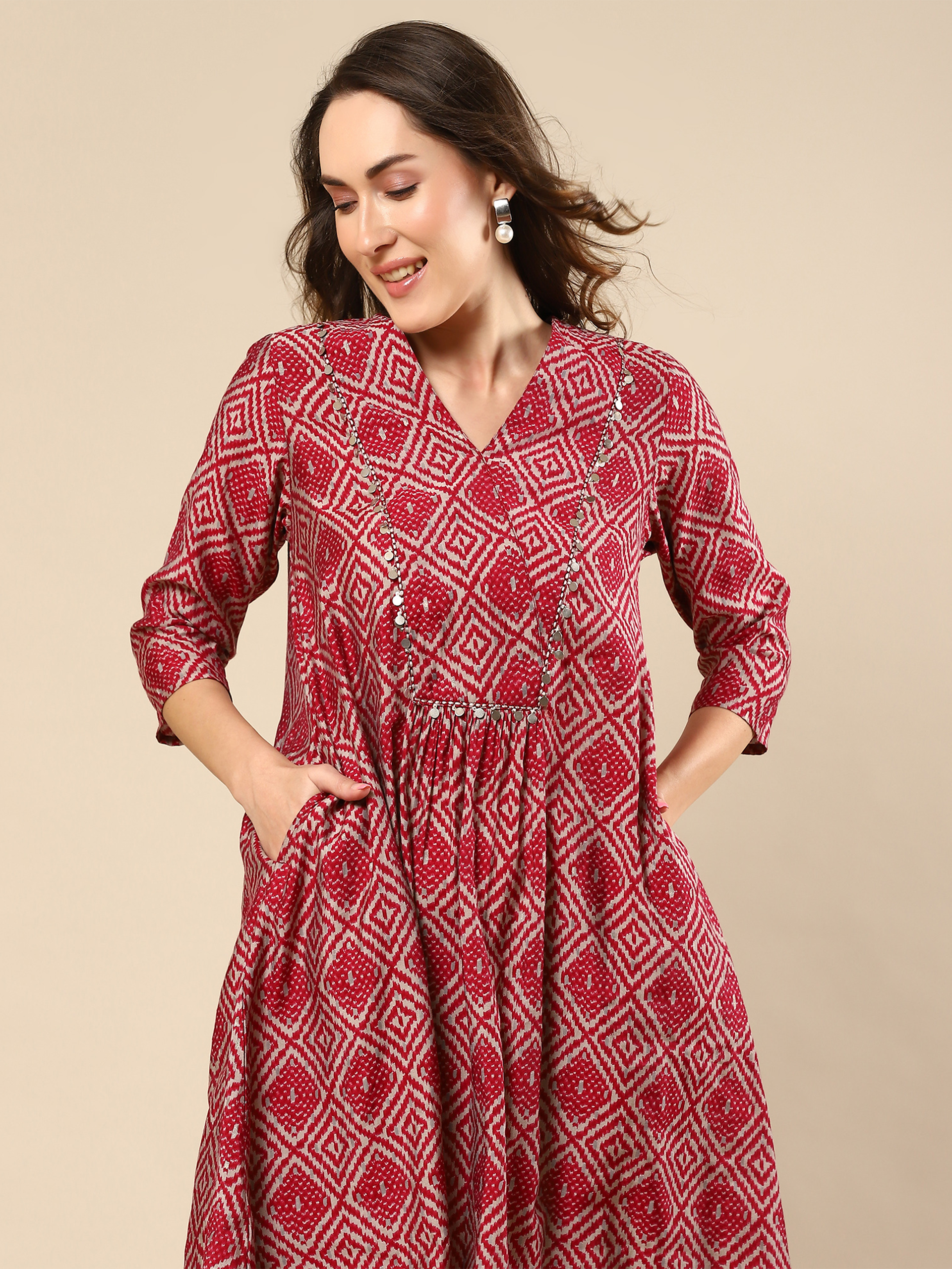Red Printed Cotton Silk Co-ord Set