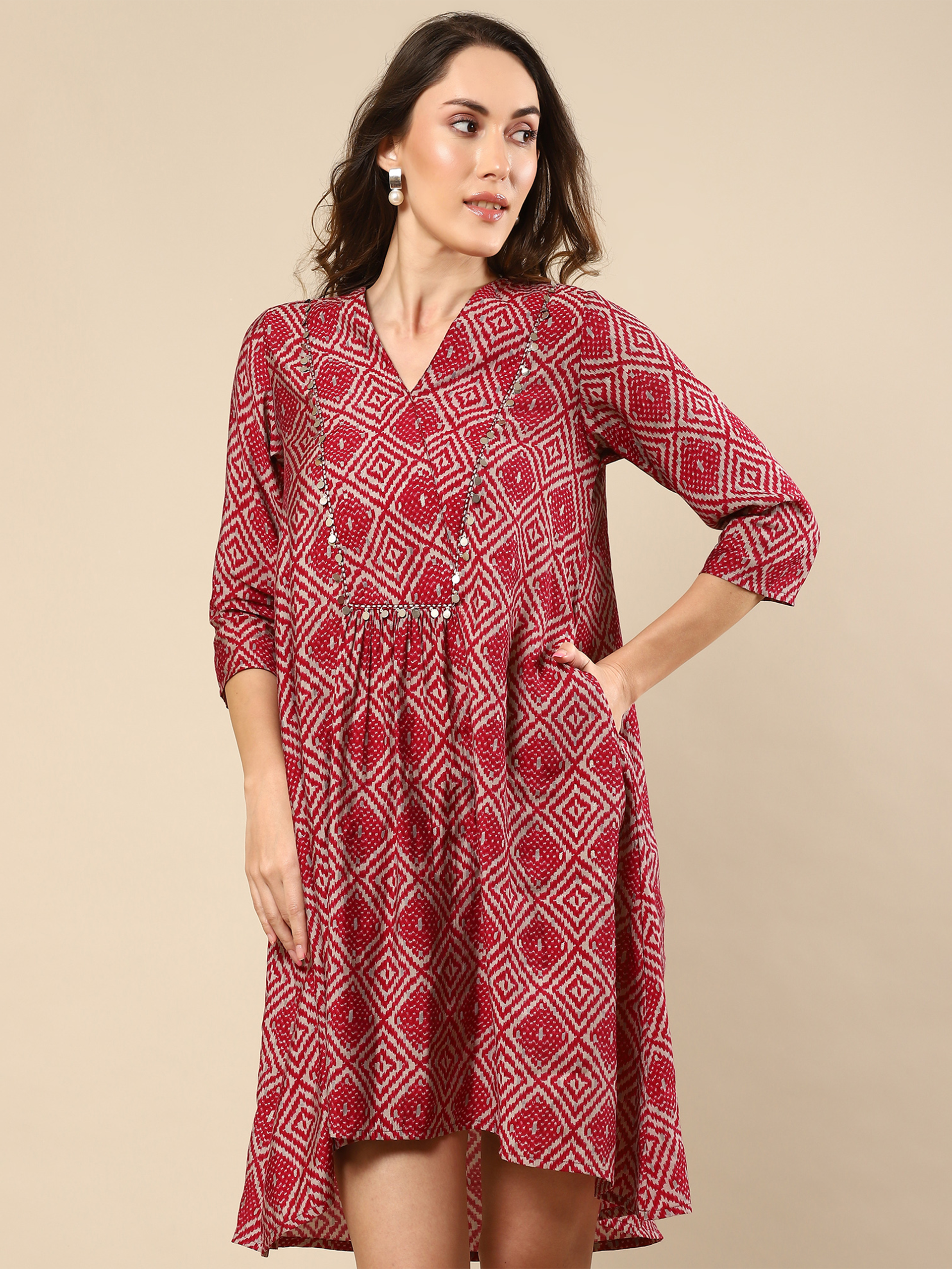 Red Printed Cotton Silk Co-ord Set