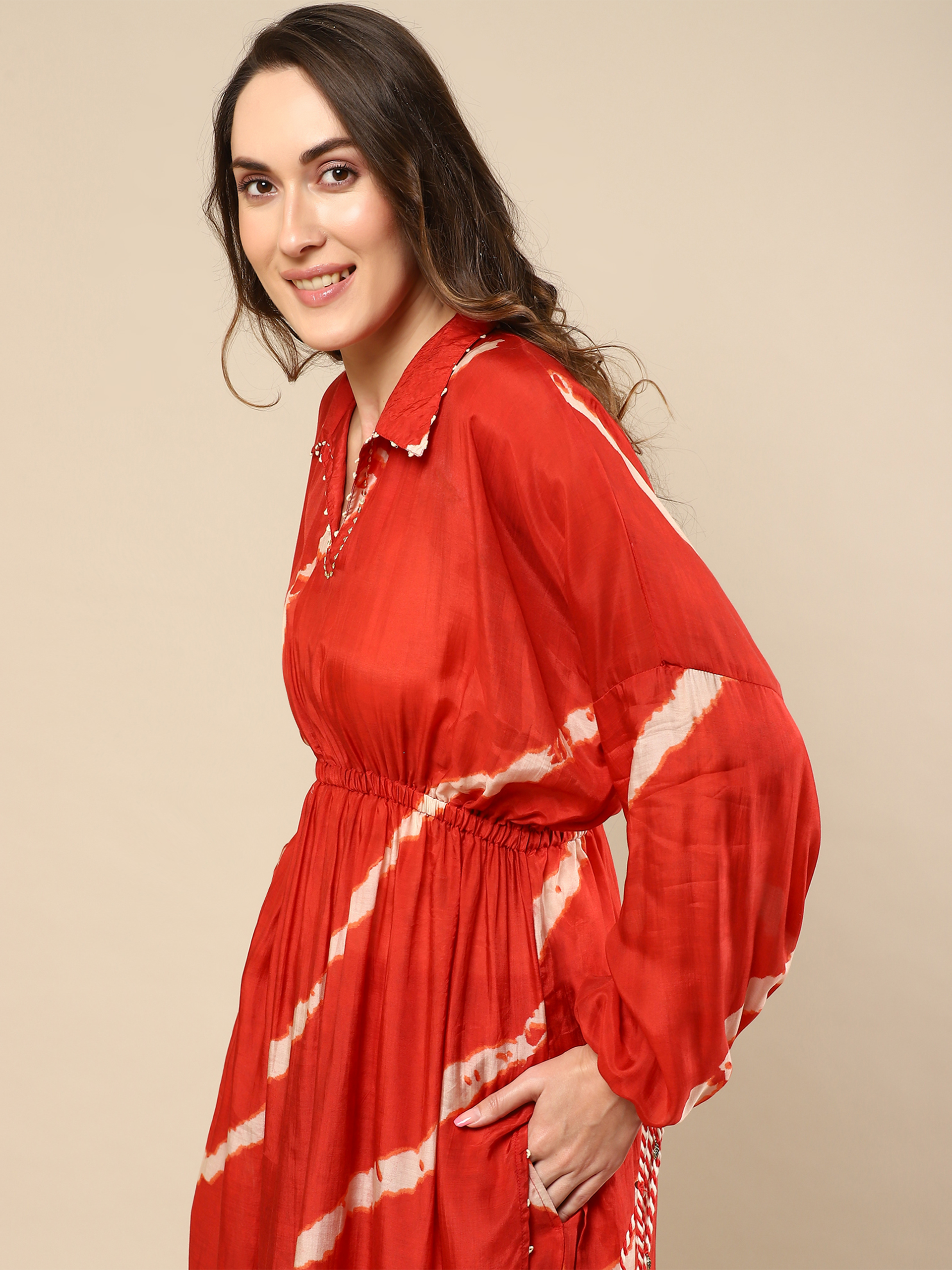 Red Cotton Silk Tunic Set