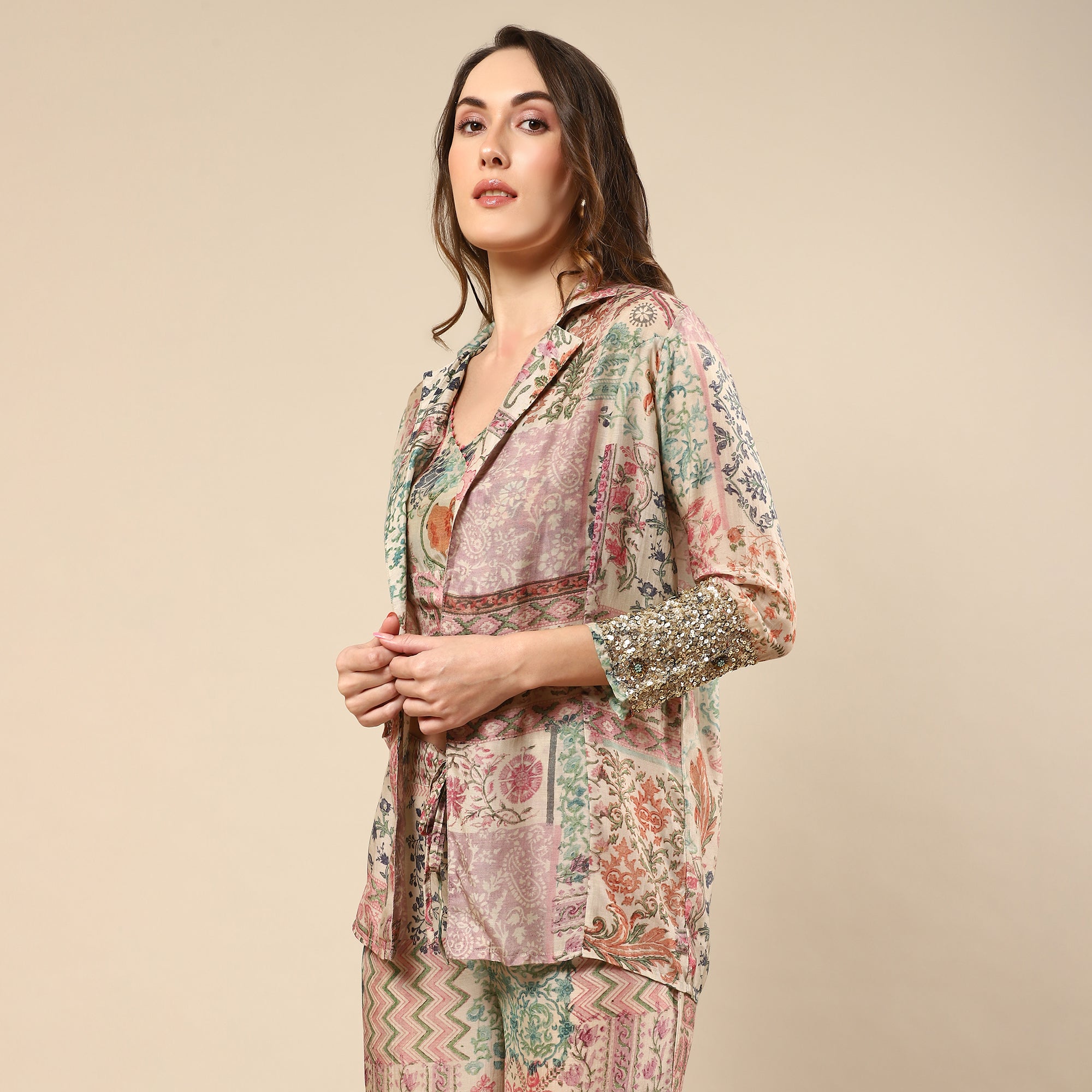 Printed Cotton Silk Co-ord Set with Jacket