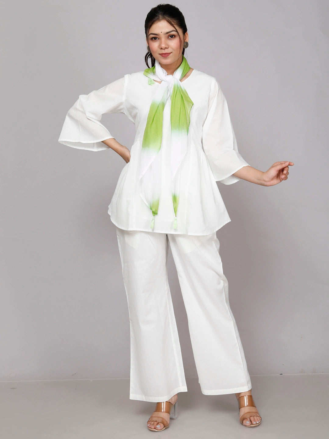 White Cotton Co-ord Set with Scarf