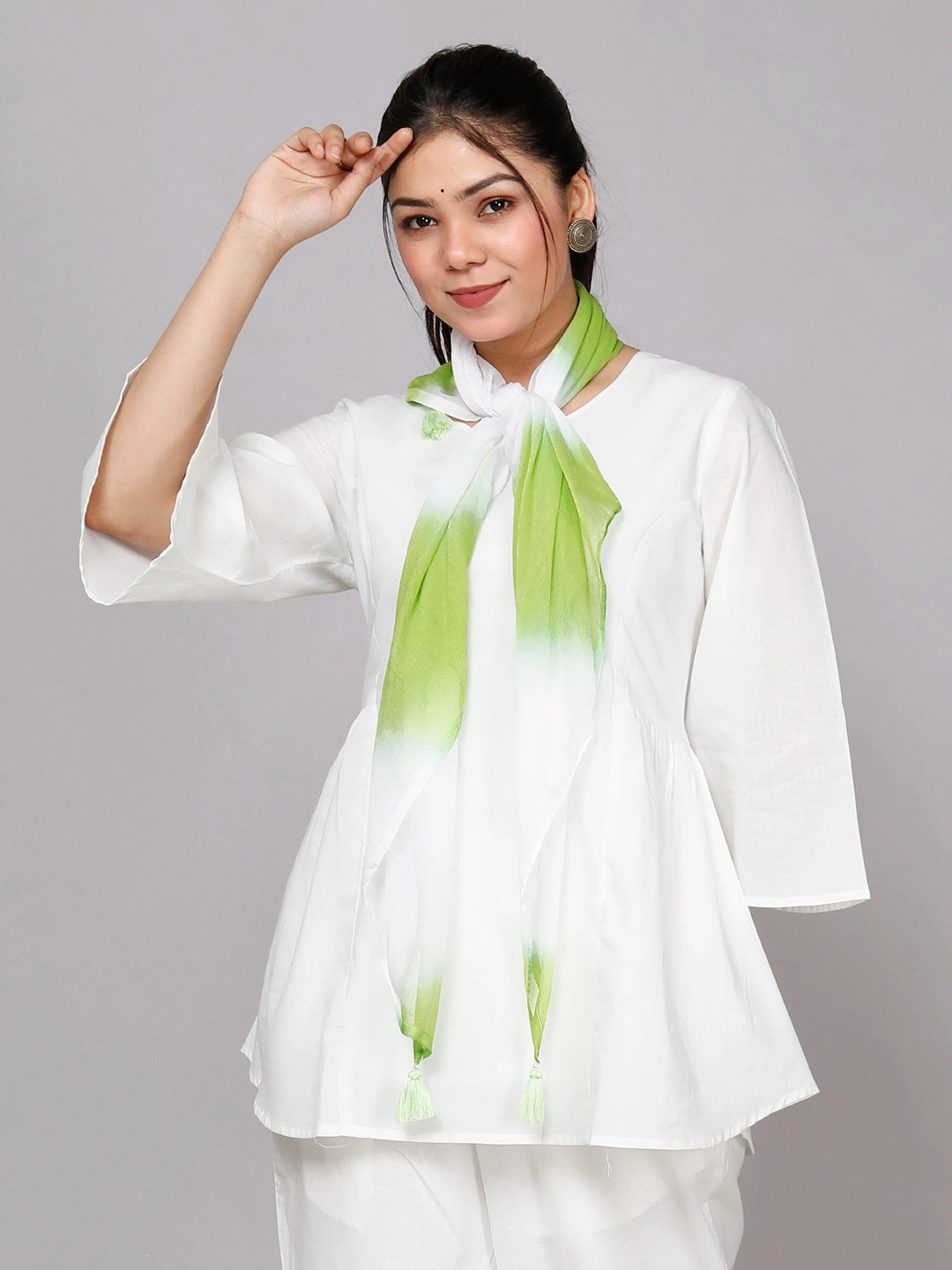 White Cotton Co-ord Set with Scarf