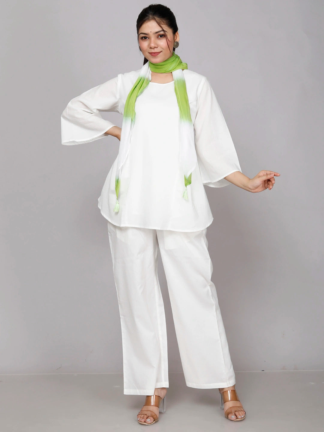 White Cotton Co-ord Set with Scarf