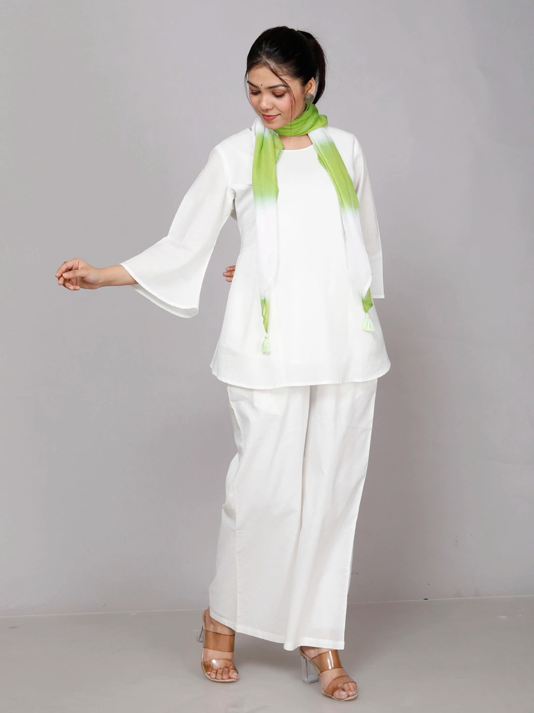 White Cotton Co-ord Set with Scarf