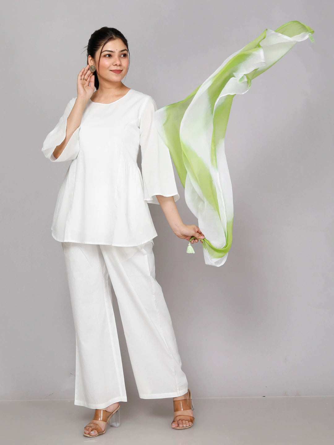 White Cotton Co-ord Set with Scarf