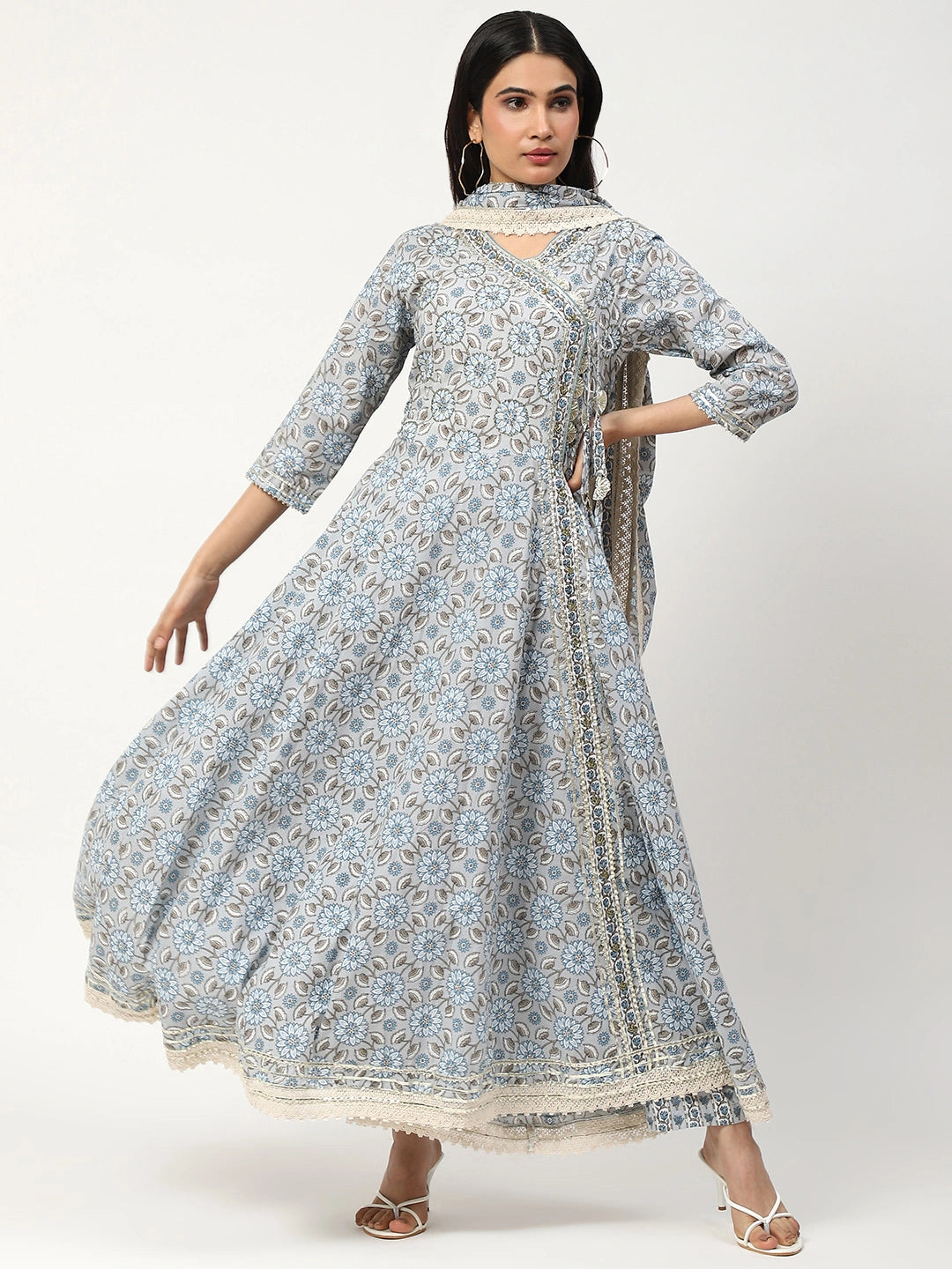 Printed Anarkali Set with Sequins, Dupatta & Pant