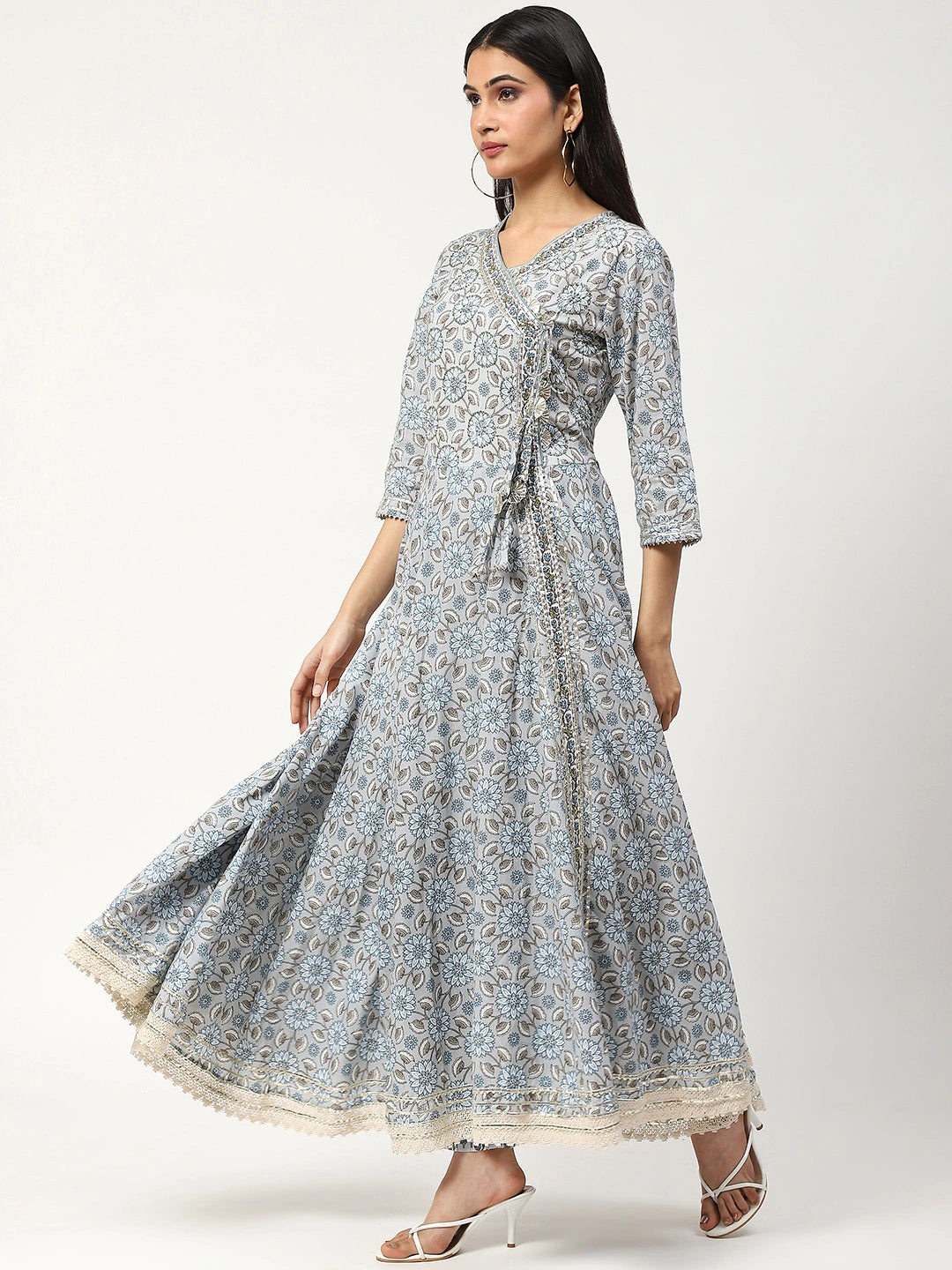 Printed Anarkali Set with Sequins, Dupatta & Pant
