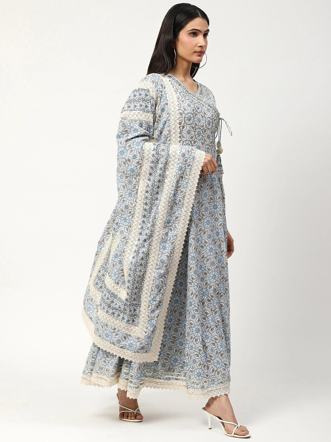 Printed Anarkali Set with Sequins, Dupatta & Pant