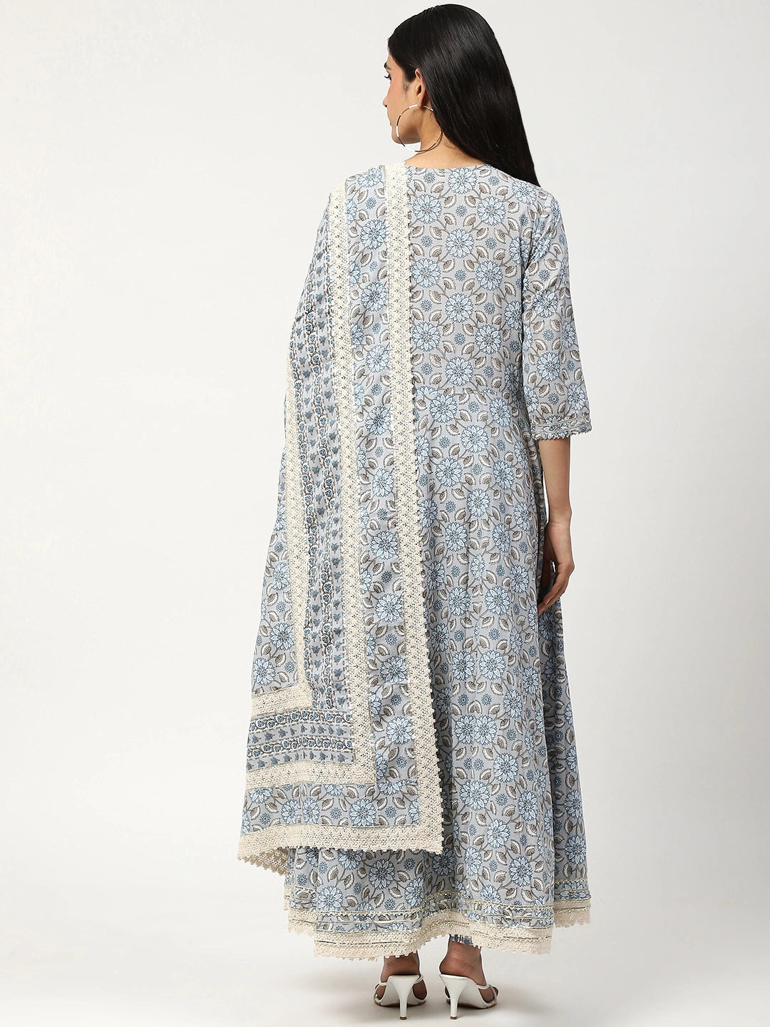 Printed Anarkali Set with Sequins, Dupatta & Pant