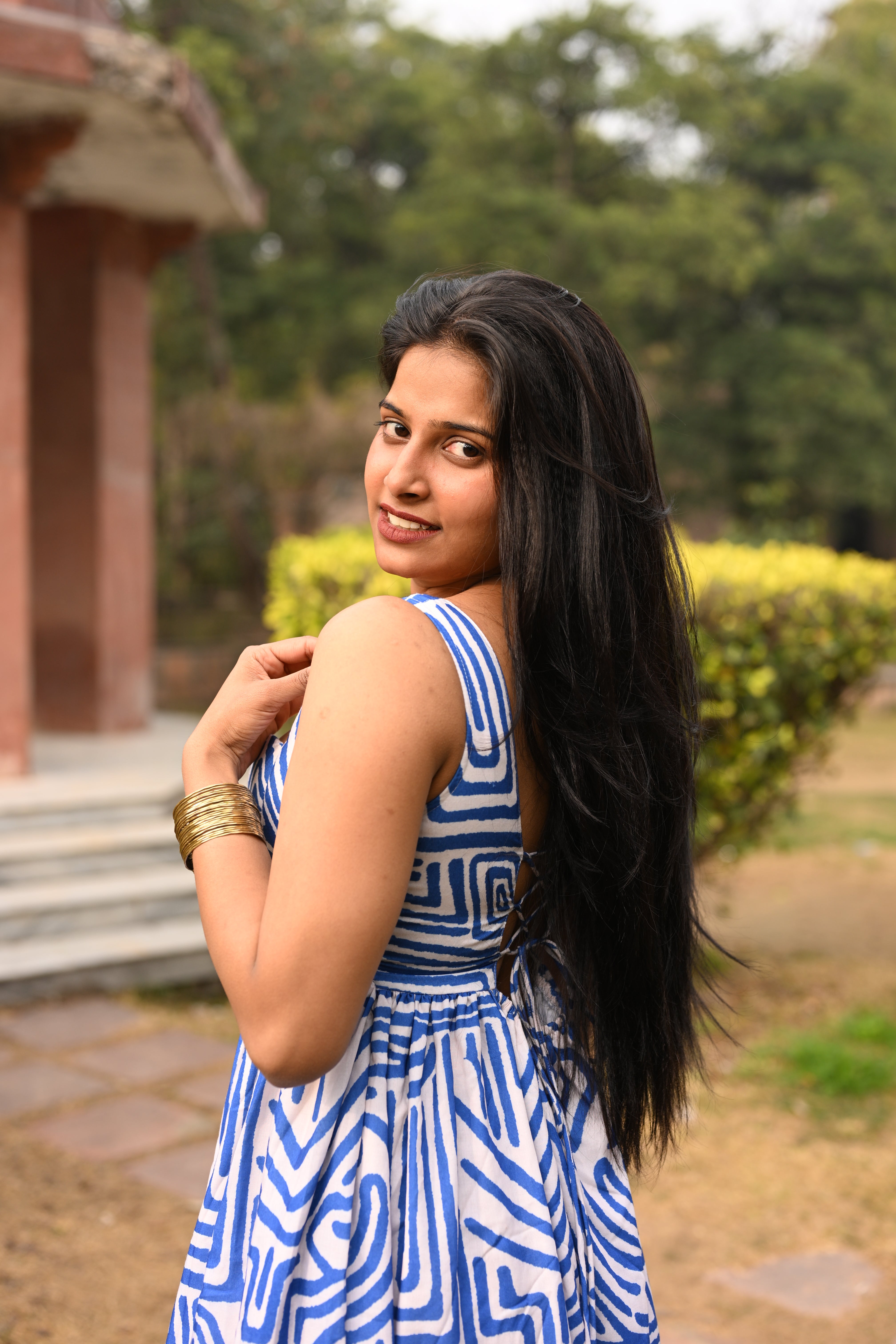 Azure Maze Printed Padded Midi Dress