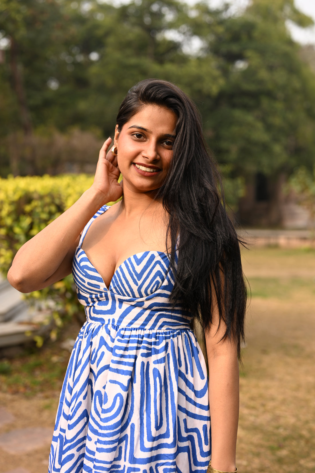 Azure Maze Printed Padded Midi Dress