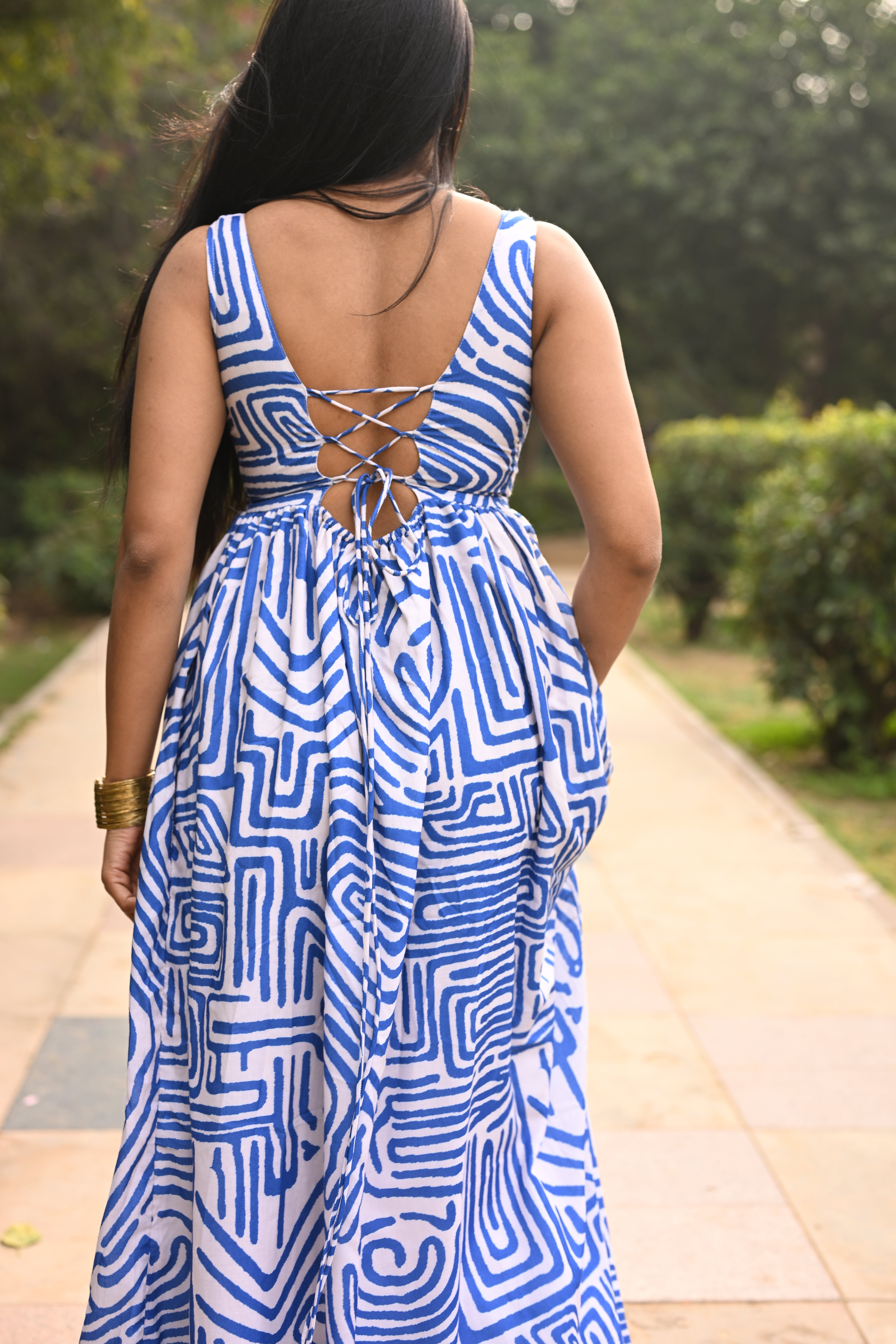 Azure Maze Printed Padded Midi Dress