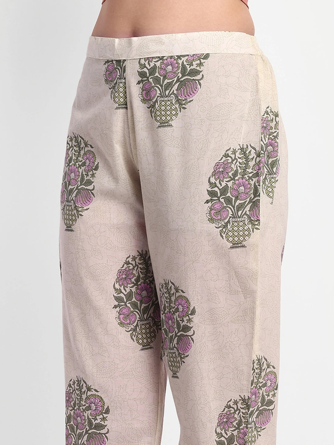 Floral Printed Cotton Kurti Set With Trousers &amp; Dupatta