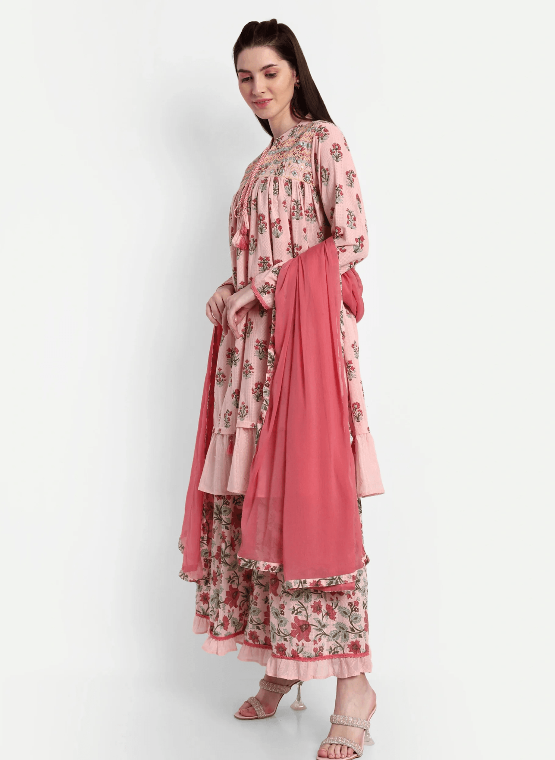 Cotton Floral Printed Kurta Set with Sharara & Dupatta