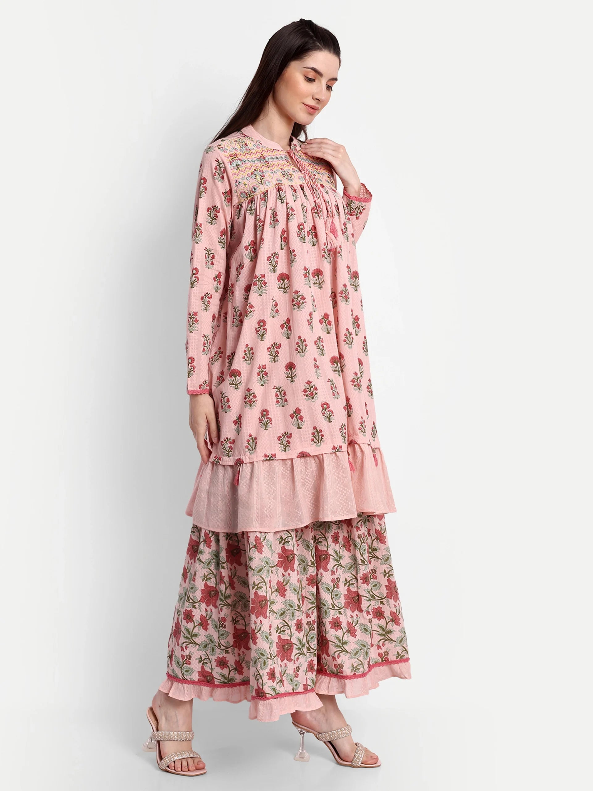 Cotton Floral Printed Kurta Set with Sharara & Dupatta