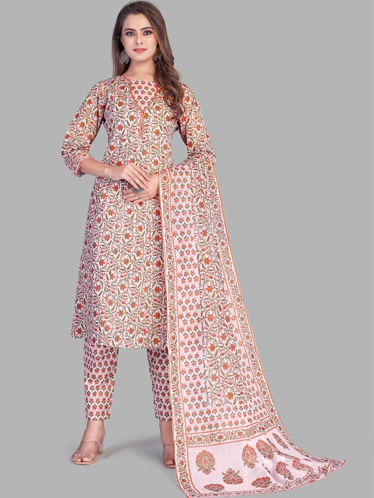 Floral Printed Pure Cotton Kurta with Trousers & Dupatta
