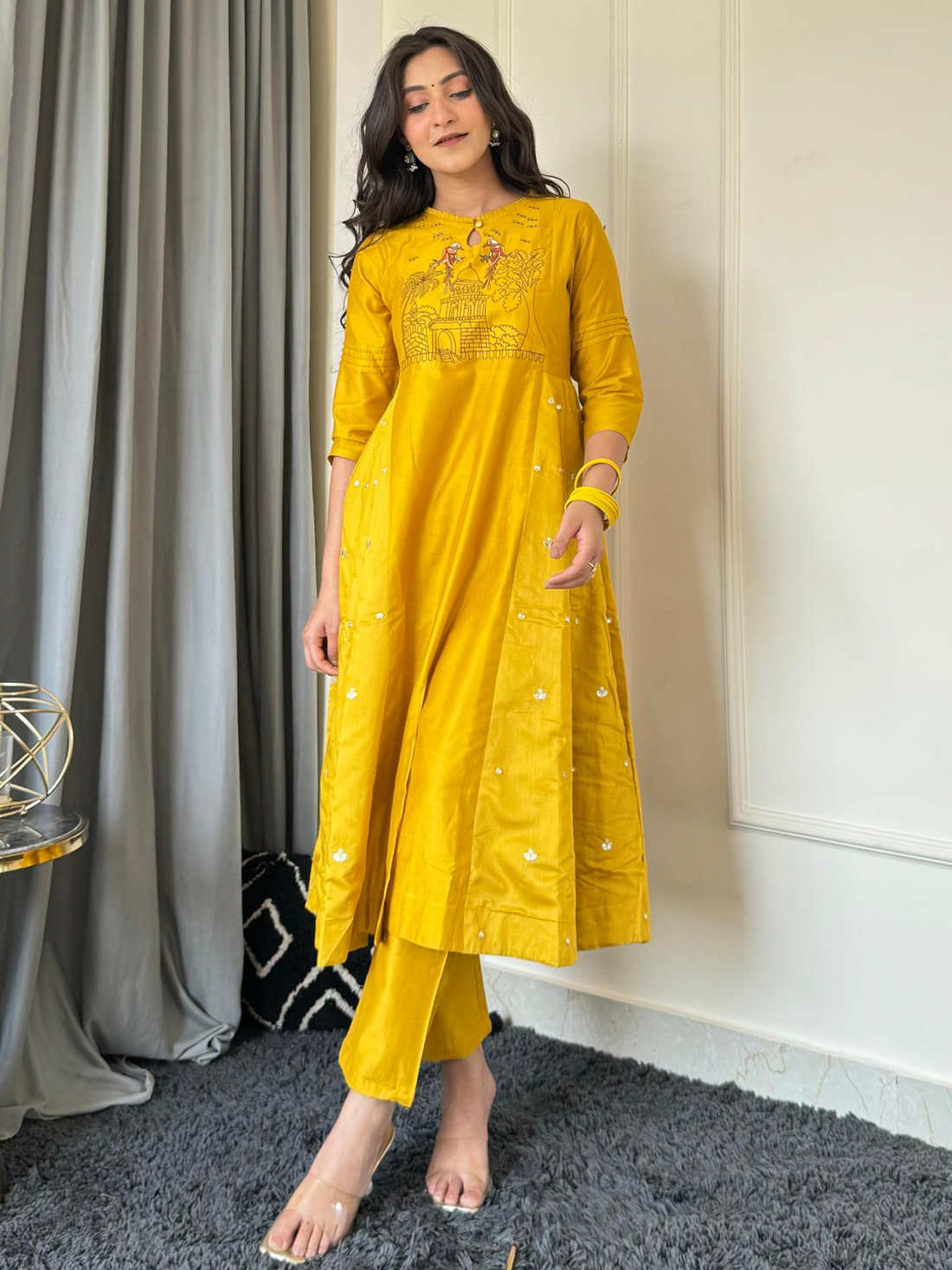 Yellow Chanderi Silk Embroidered Kurti Set