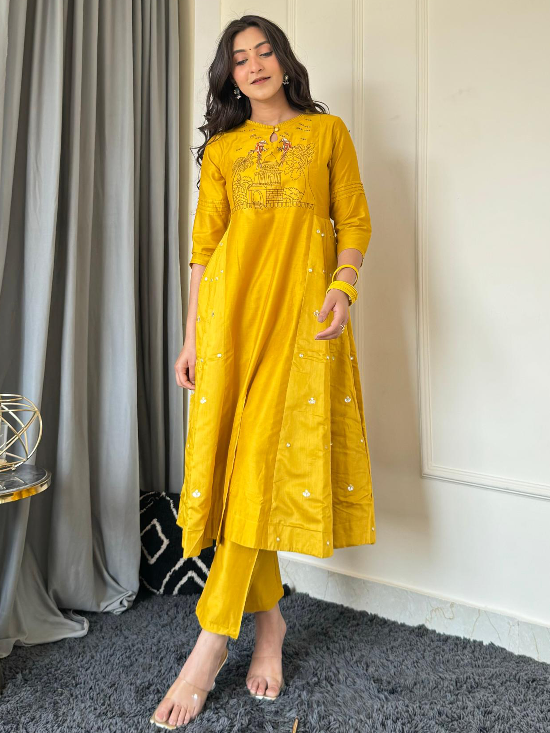 Yellow Chanderi Silk Embroidered Kurti Set