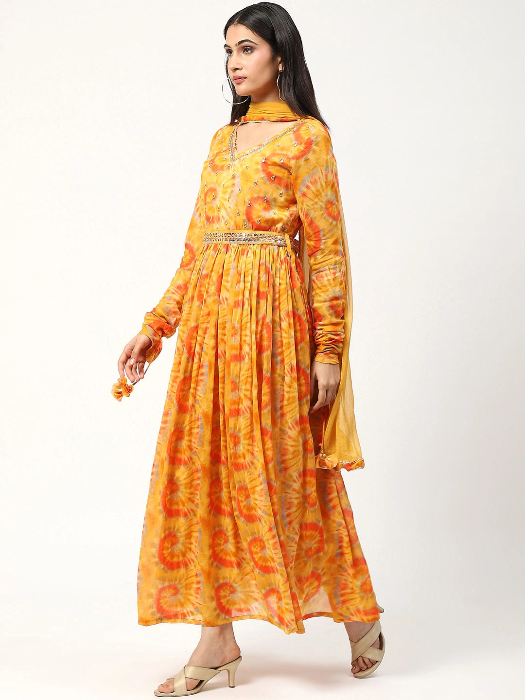 Cotton Printed Anarkali Dress with Dupatta and Belt