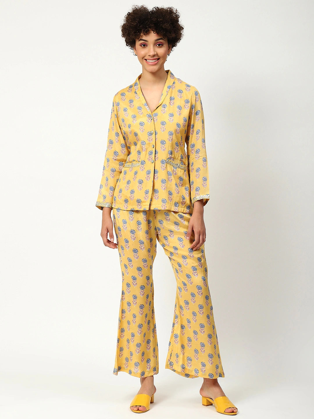 Muslin Printed Co-ord Set in Yellow