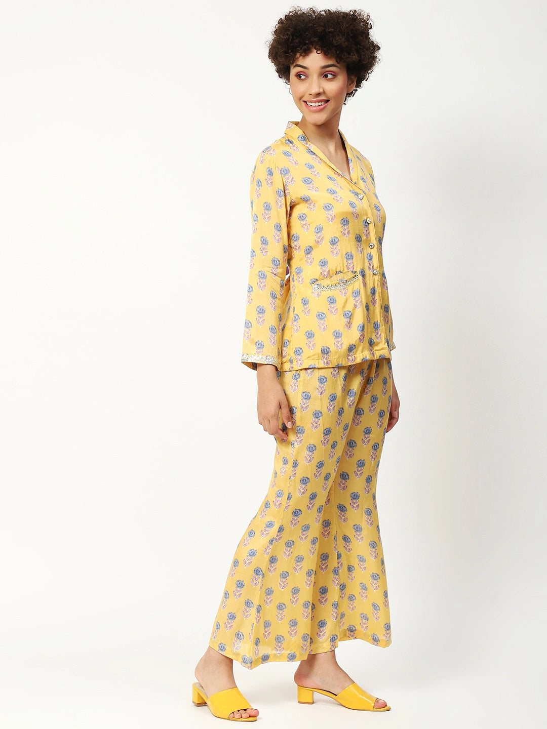 Muslin Printed Co-ord Set in Yellow