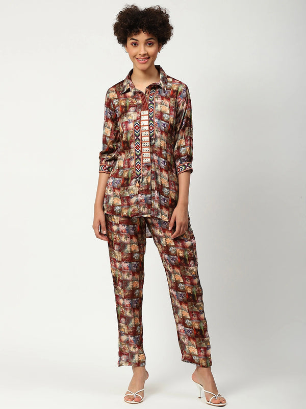 Muslin Printed Cord Set With Work Details Multicoloured