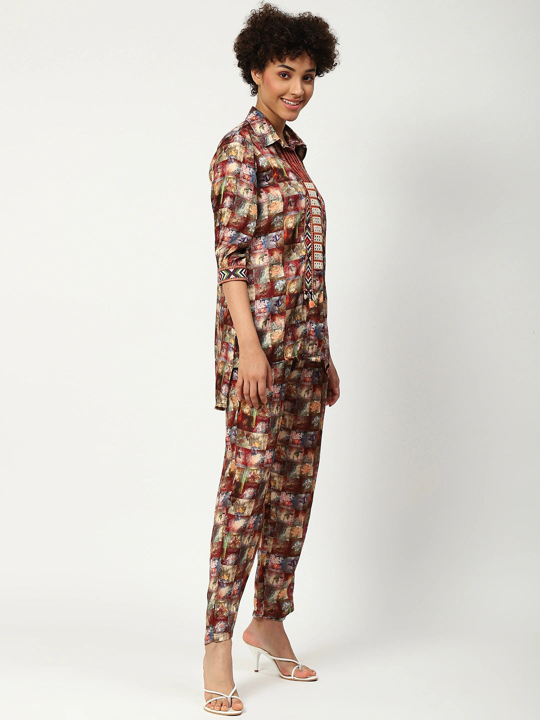 Muslin Printed Cord Set With Work Details Multicoloured