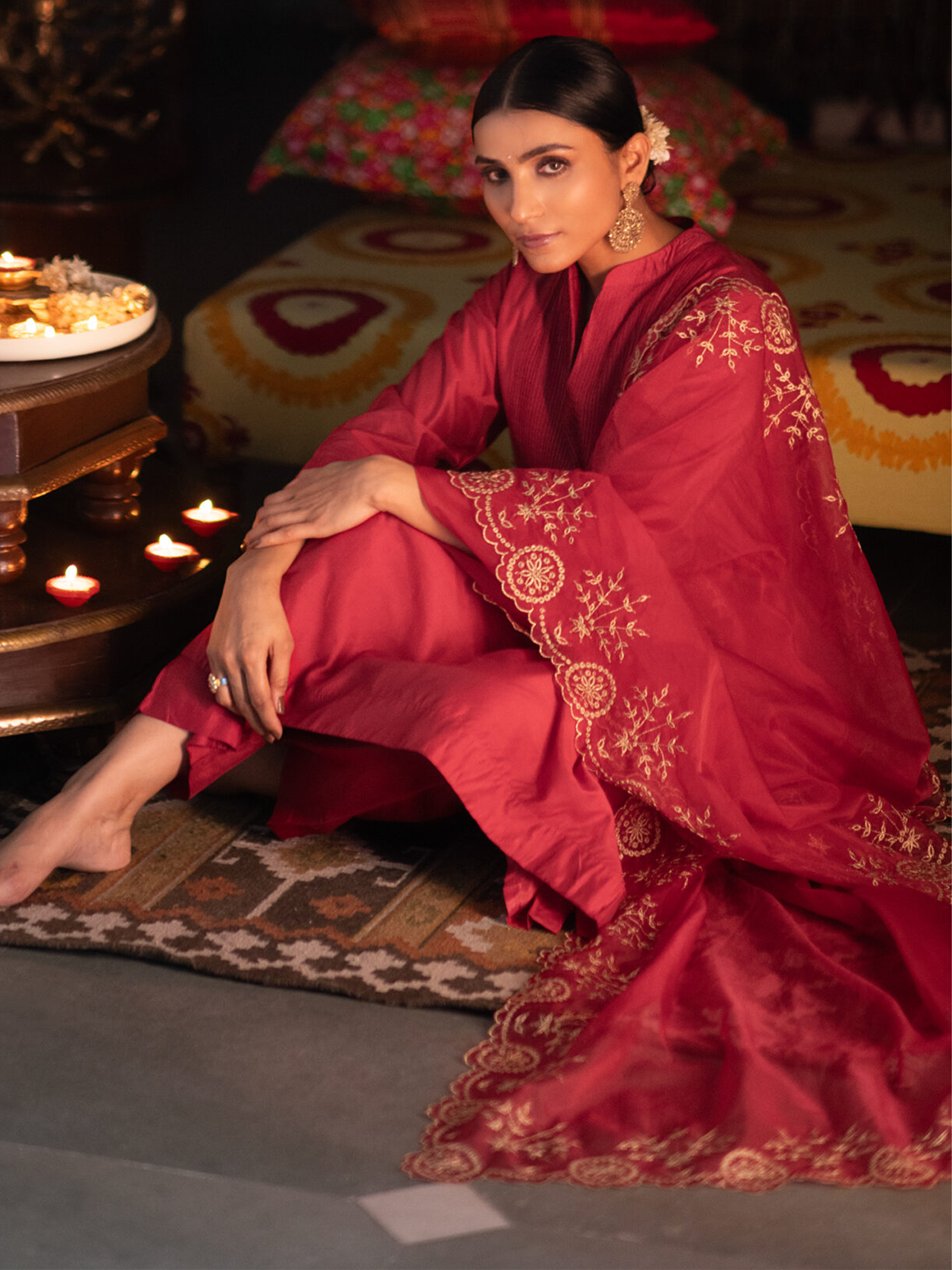 Stunning Red Chanderi Suit Set with Zari Work Dupatta & Matching Pants
