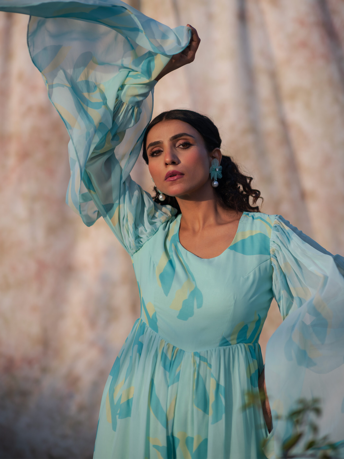 Blue Printed Cape Sleeves Jumpsuit