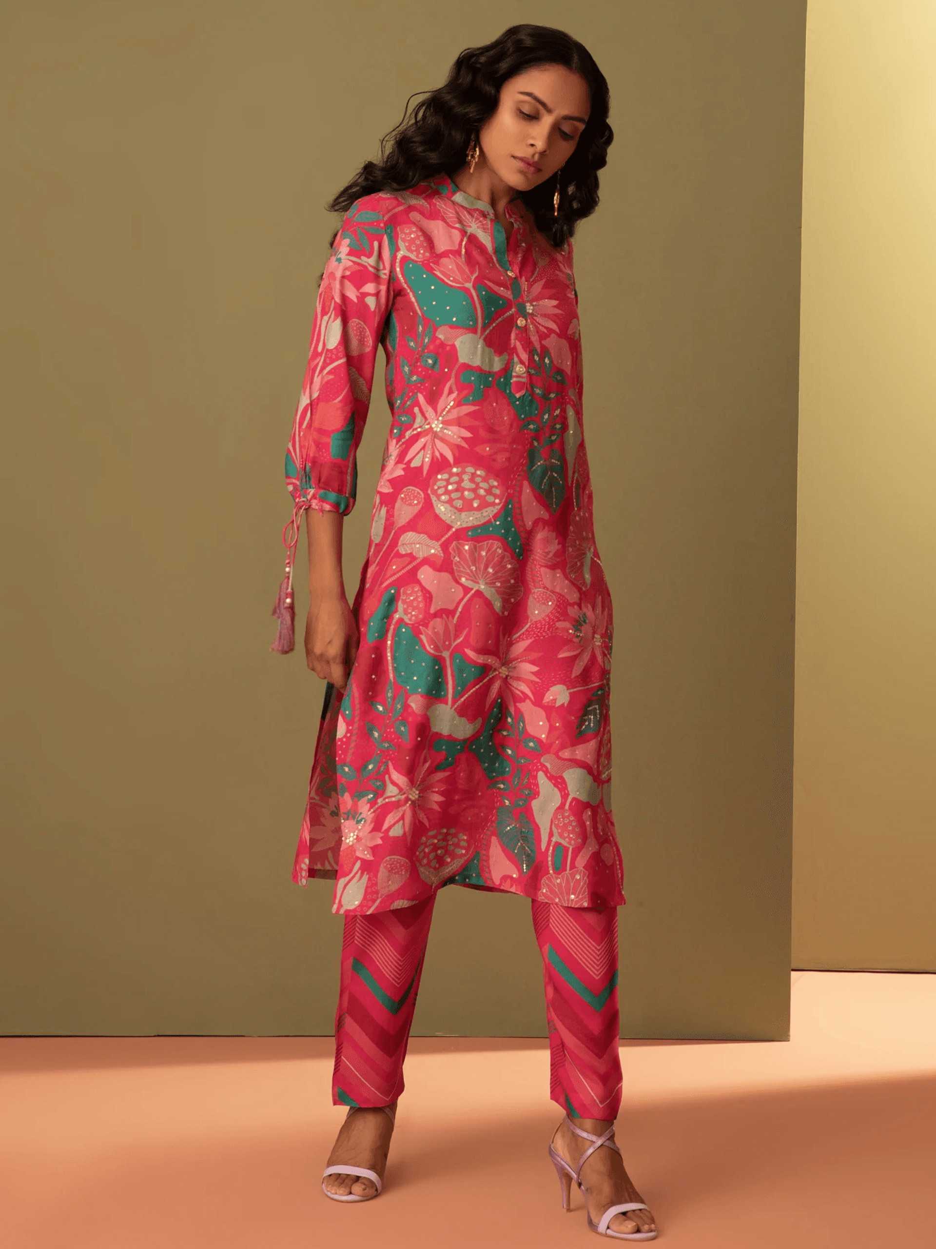 Printed Pink Muslin Kurta Set
