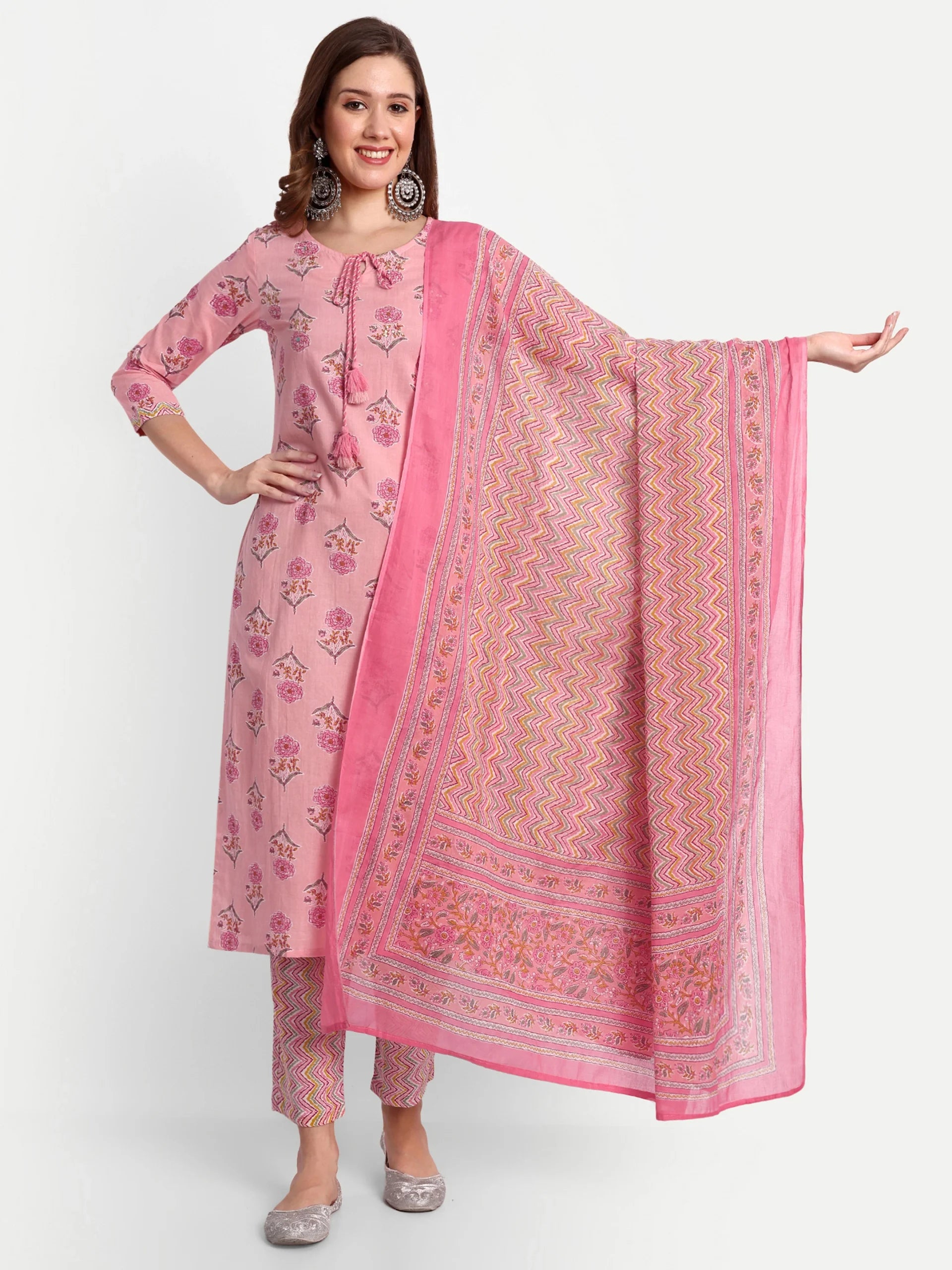 Stylish Printed Kurta Set in Pink Cotton
