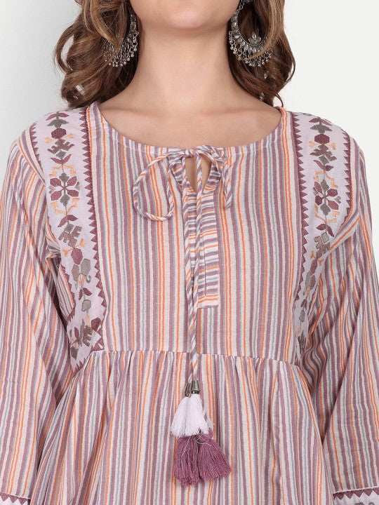Women Striped Cotton Tie-Ups Neck Anarkali Kurta
