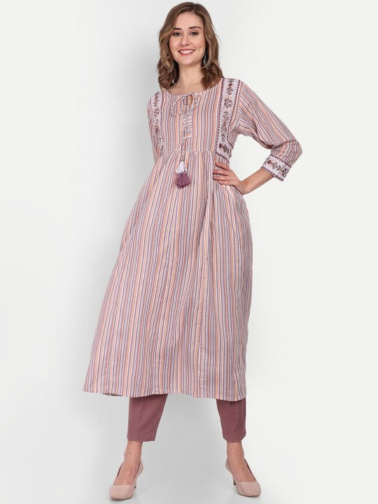 Women Striped Cotton Tie-Ups Neck Anarkali Kurta