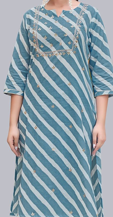 Women Blue Striped Pure Cotton Kurta with Trousers