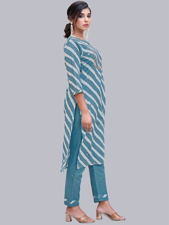 Women Blue Striped Pure Cotton Kurta with Trousers