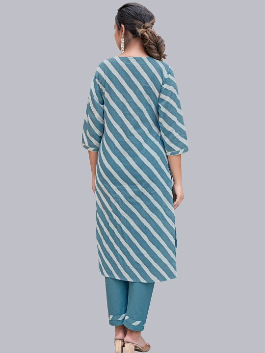 Women Blue Striped Pure Cotton Kurta with Trousers